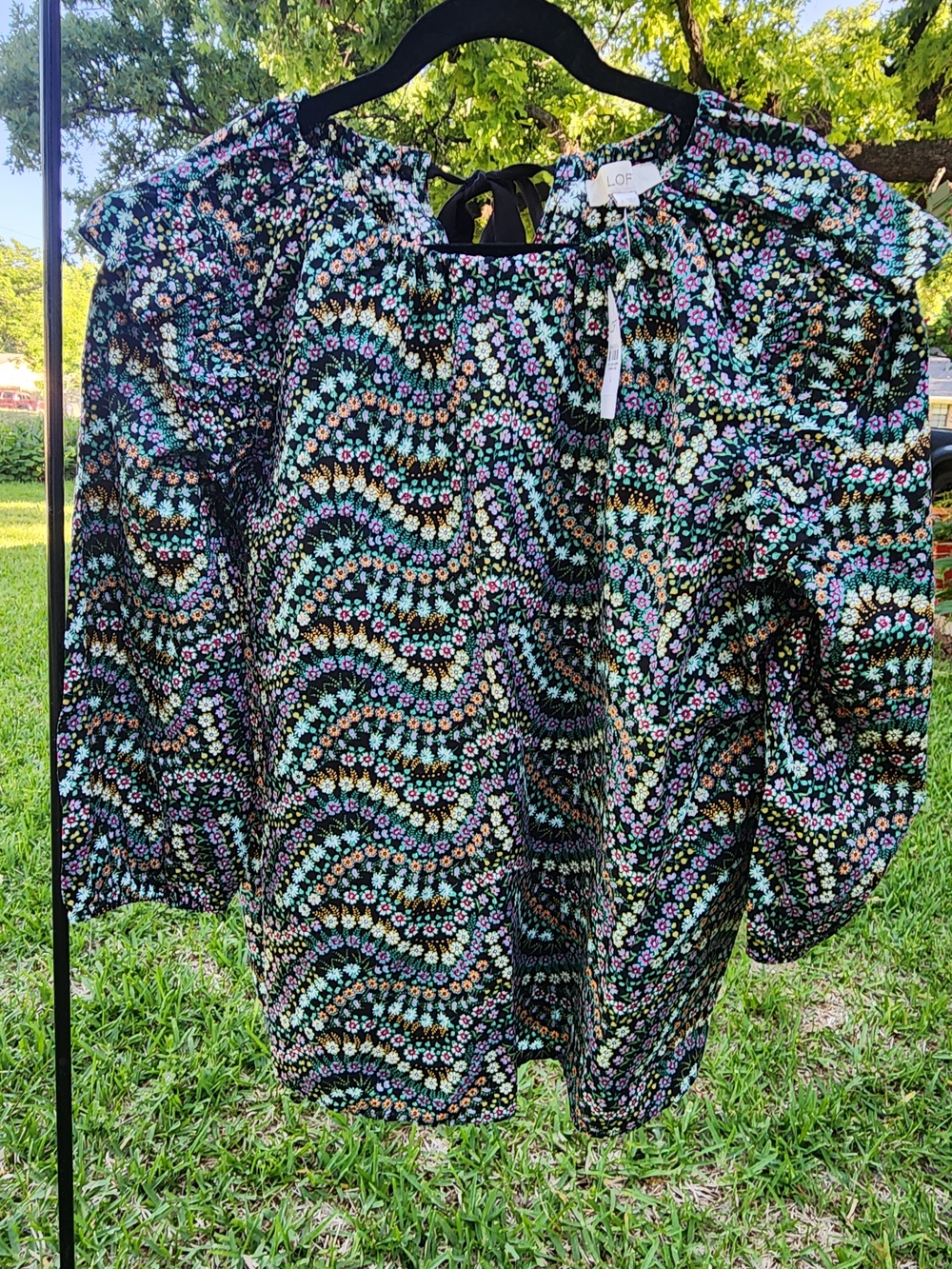 LOFT Floral Peasant Blouse in Black with Pastel Flowers